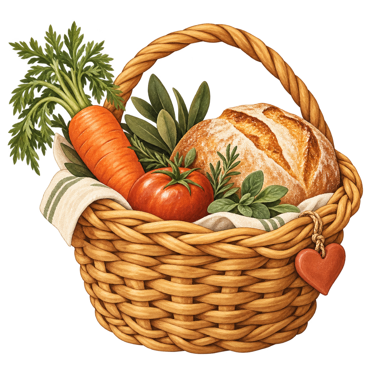 Cesta de alimentos com pão, cenoura, tomate e ervas
