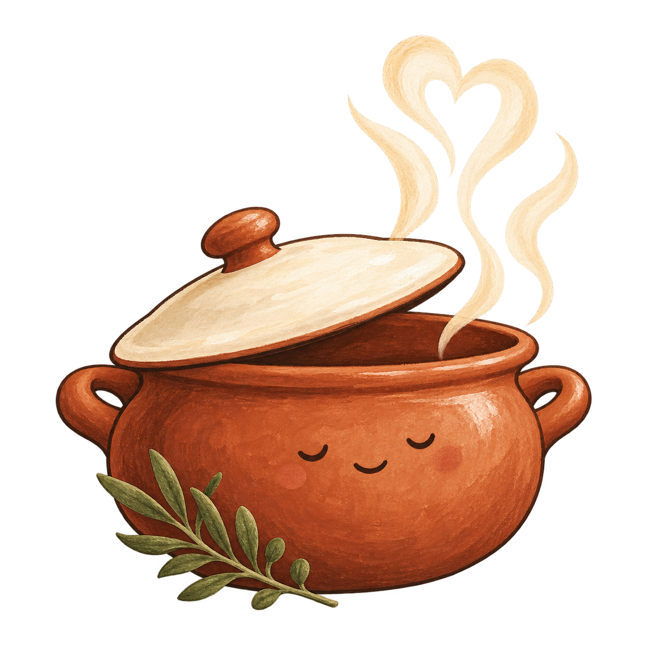 Panela de terracota sorridente com vapor em forma de coração
